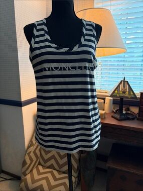 Moncler Navy and White Striped Scoop Neck Tank